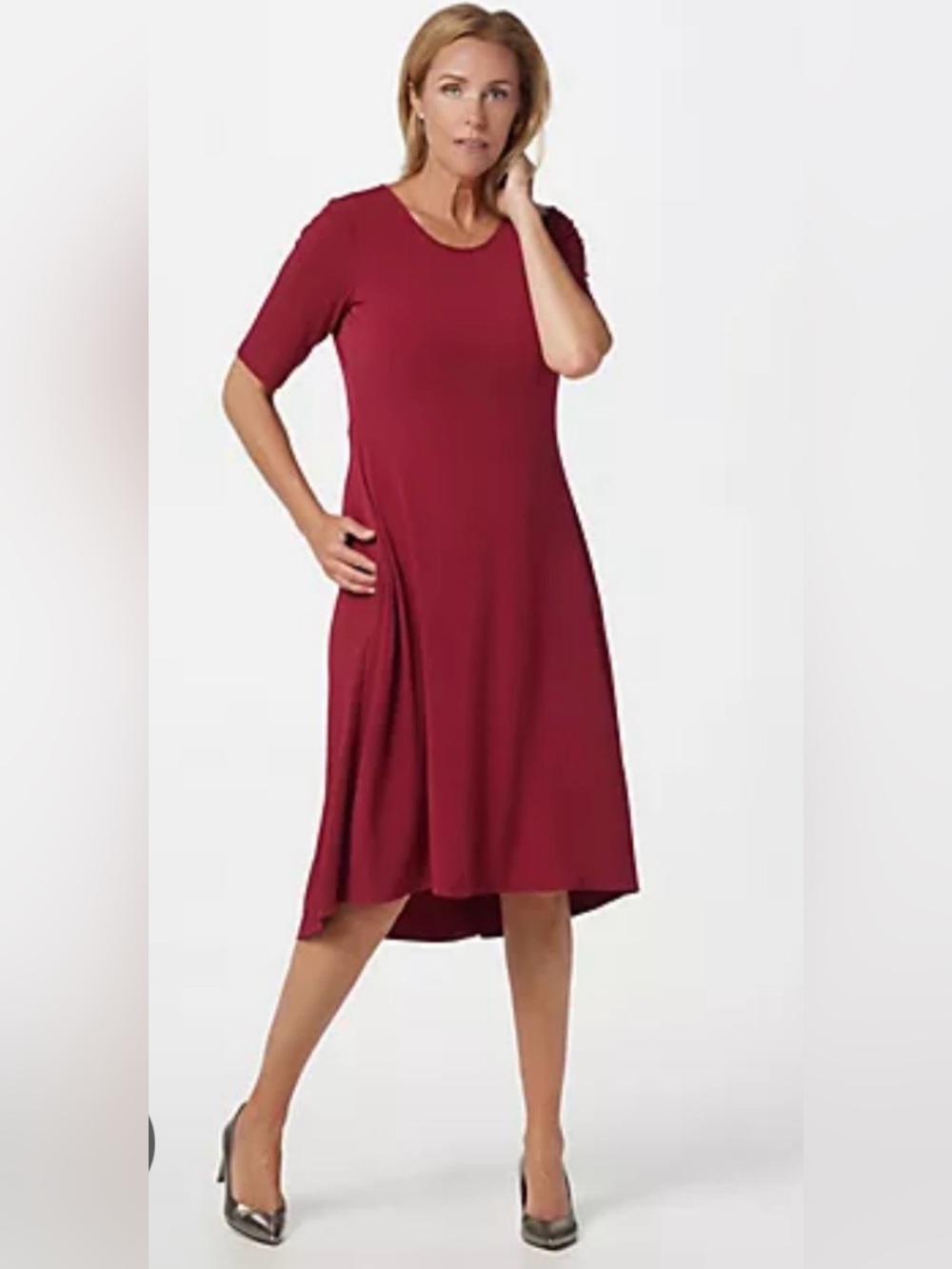 Susan Graver Liquid Knit Elbow Sleeve Dress with Pockets in Cranberry Size Large